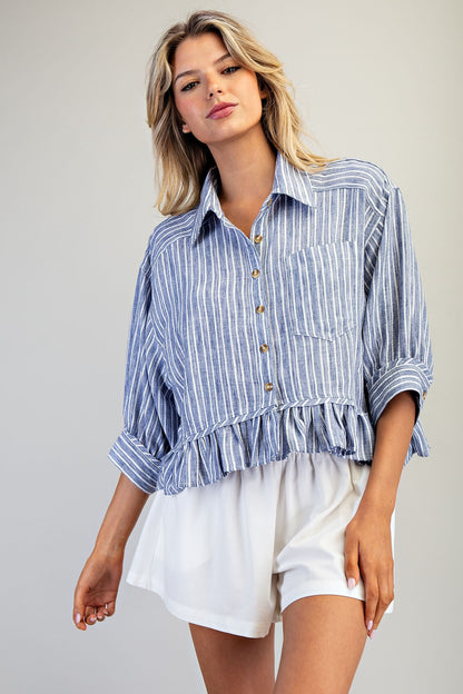 Striped Button Down Ruffled Hem Shirt