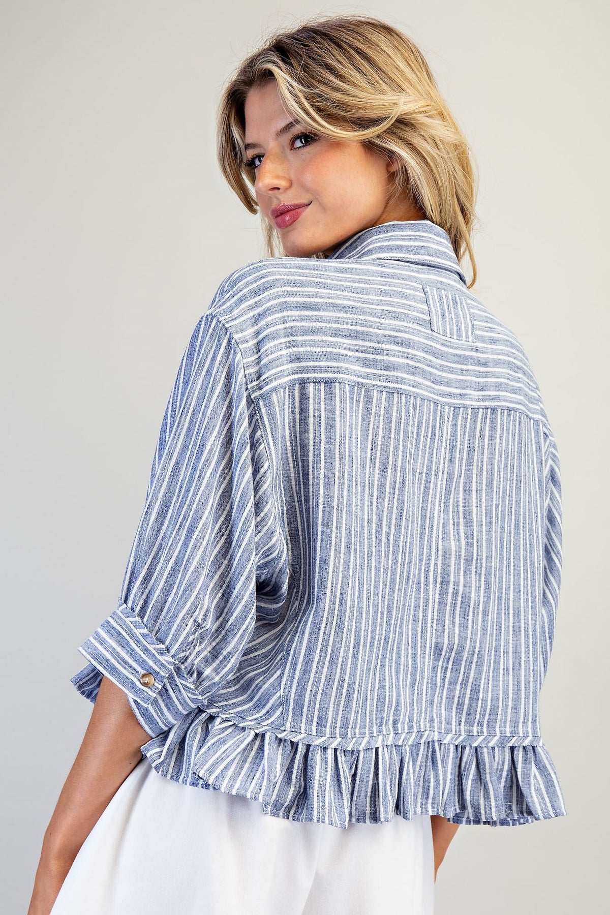 Striped Button Down Ruffled Hem Shirt