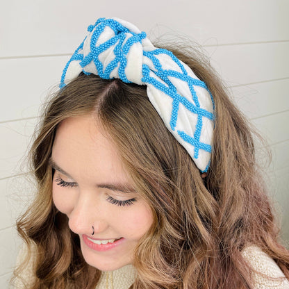 Preppy Blue & White Seed Bead Lattice Luxury Knot Headband