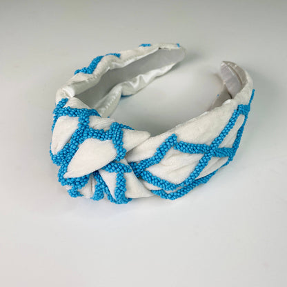 Preppy Blue & White Seed Bead Lattice Luxury Knot Headband