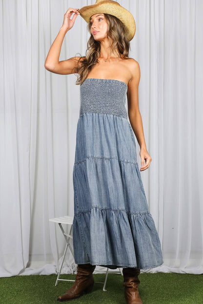 Tube Top Flowy Pocket Chambray Denim Midi Dress