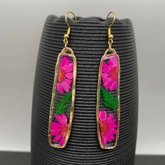 Pressed Dried Flower Long Rectangular Dangle Earrings -
