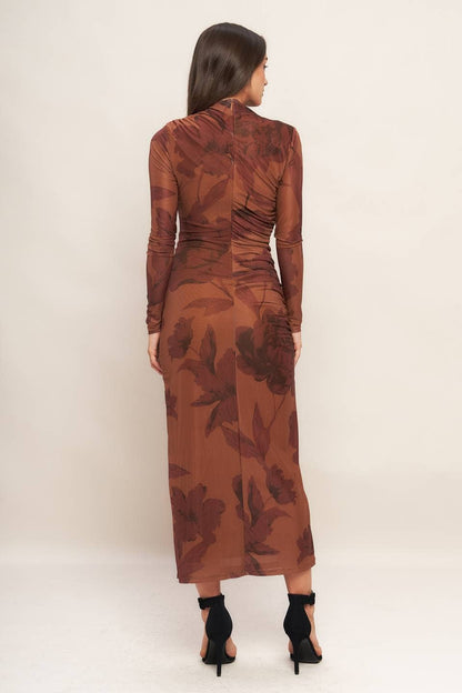 Printed power mesh midi dress