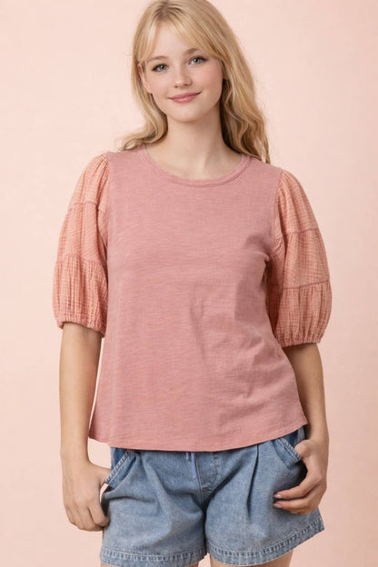 Mineral Washed Puff Sleeve Top