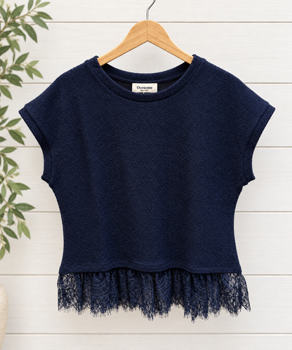 Lace Trim Textured Knit Top - Navy