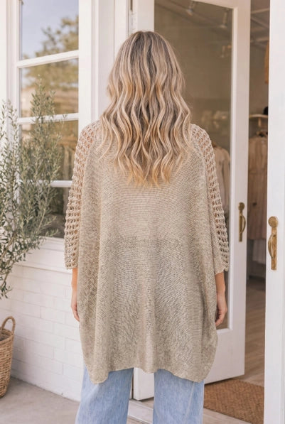Taupe Open Weave V-Neck Batwing Sweater