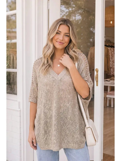 Taupe Open Weave V-Neck Batwing Sweater