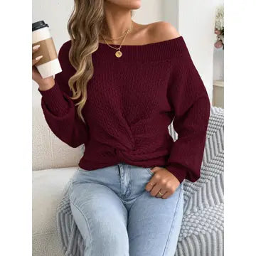 Off the Shoulder Twist Front Sweater