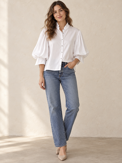 Ruffle Neck Puff Sleeve Button Down Top