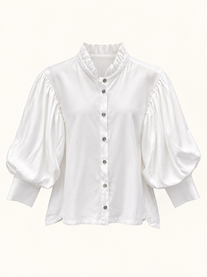 Ruffle Neck Puff Sleeve Button Down Top