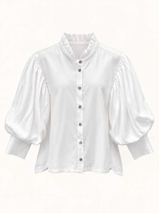 Ruffle Neck Puff Sleeve Button Down Top