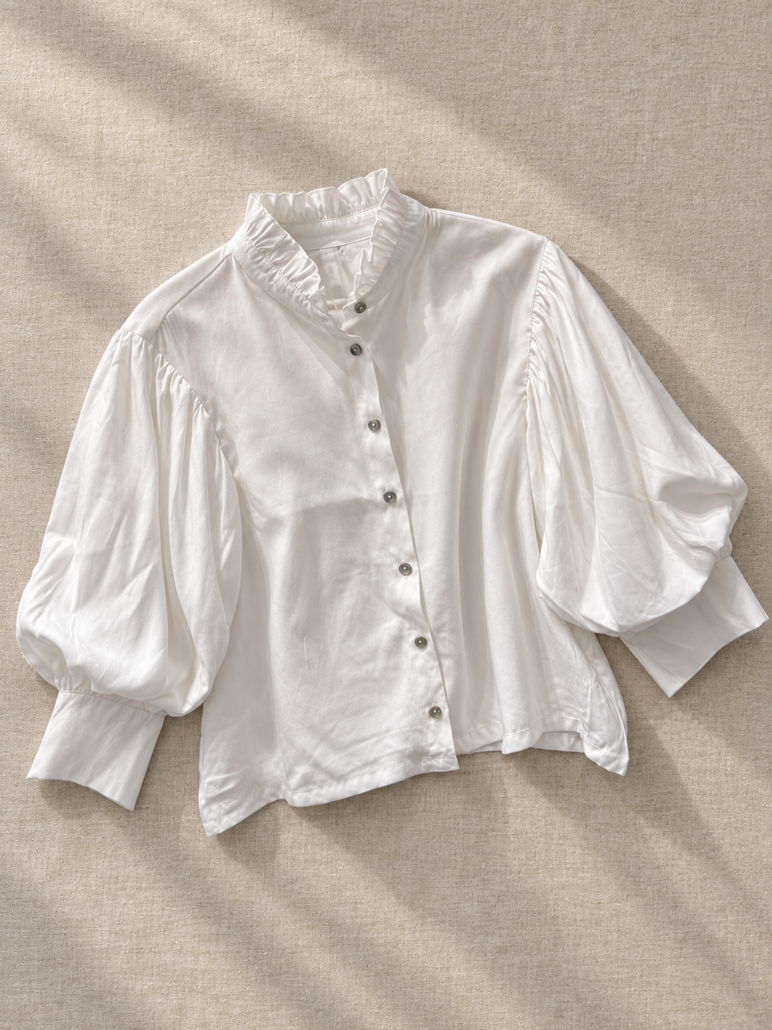 Ruffle Neck Puff Sleeve Button Down Top