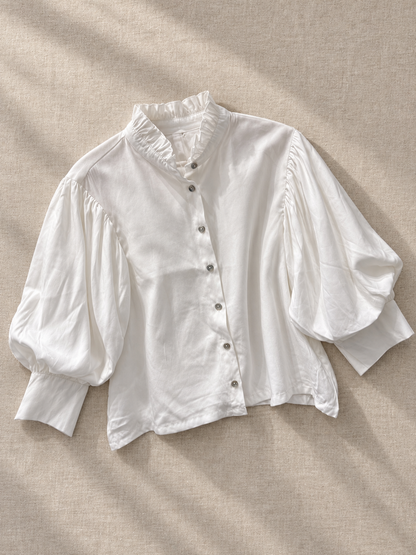 Ruffle Neck Puff Sleeve Button Down Top