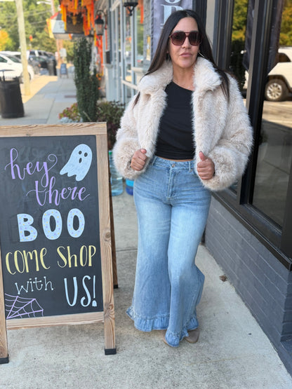 Cream Cropped Fur Jacket