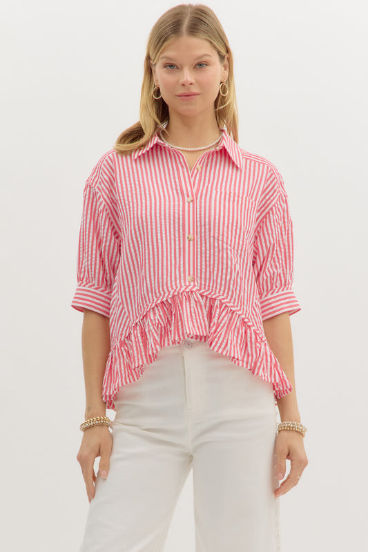 Tickled Pink Striped Button Down Top