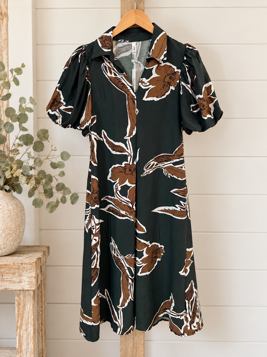 Fall/Winter Print Puff Sleeve Midi Dress