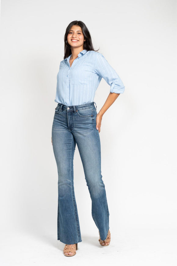 Judy Blues MidRise Tummy Control Vintage Wash Raw Hem Flare