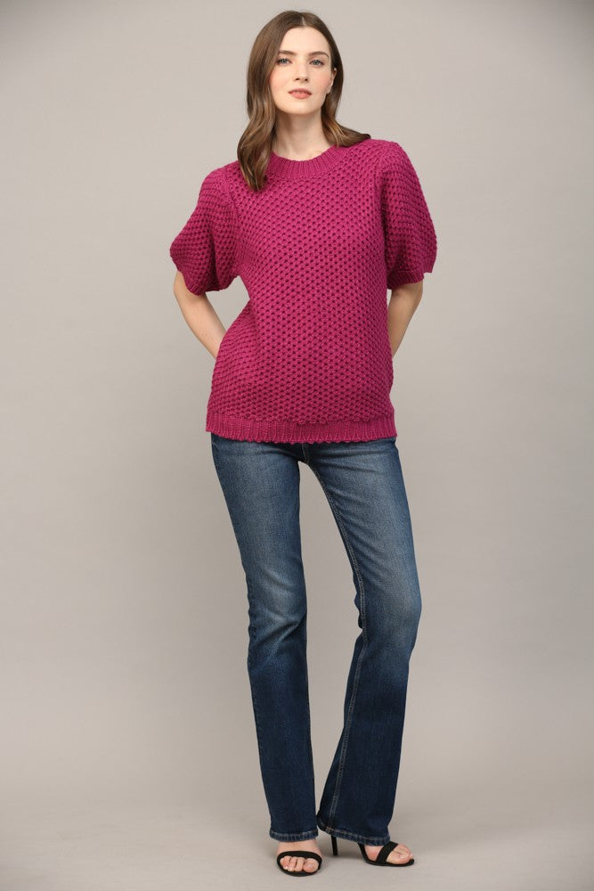 Open Knit Puff Sleeve Sweater