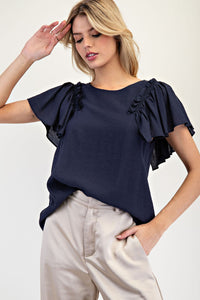 Navy Ruffle Sleeve Top