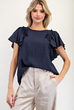 Navy Ruffle Sleeve Top