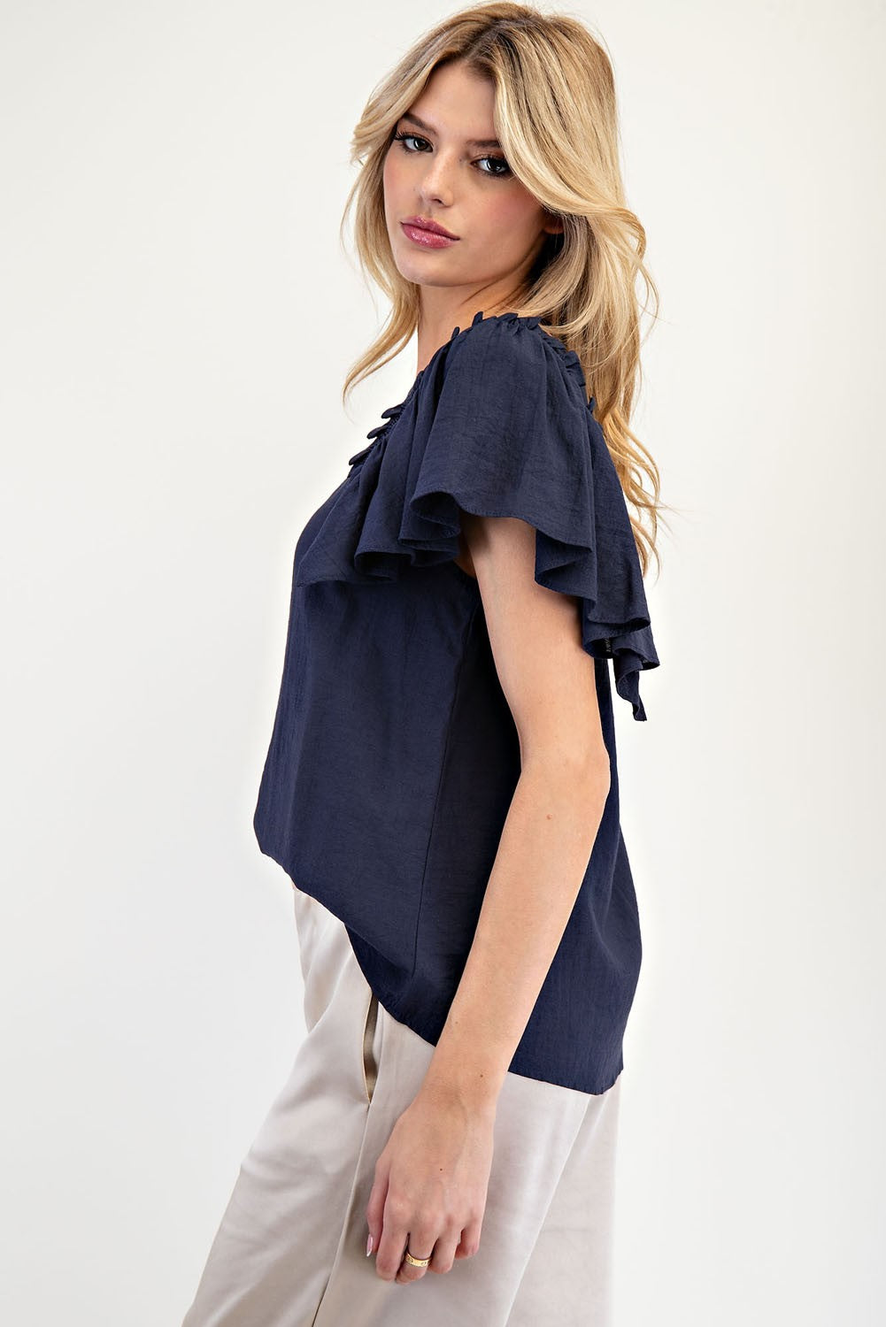 Navy Ruffle Sleeve Top