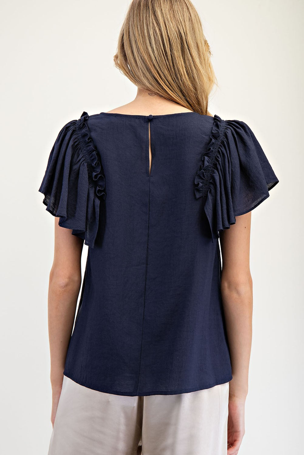 Navy Ruffle Sleeve Top