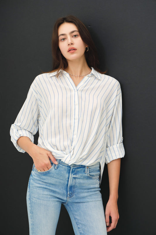 Striped Chambray Tie Front Top