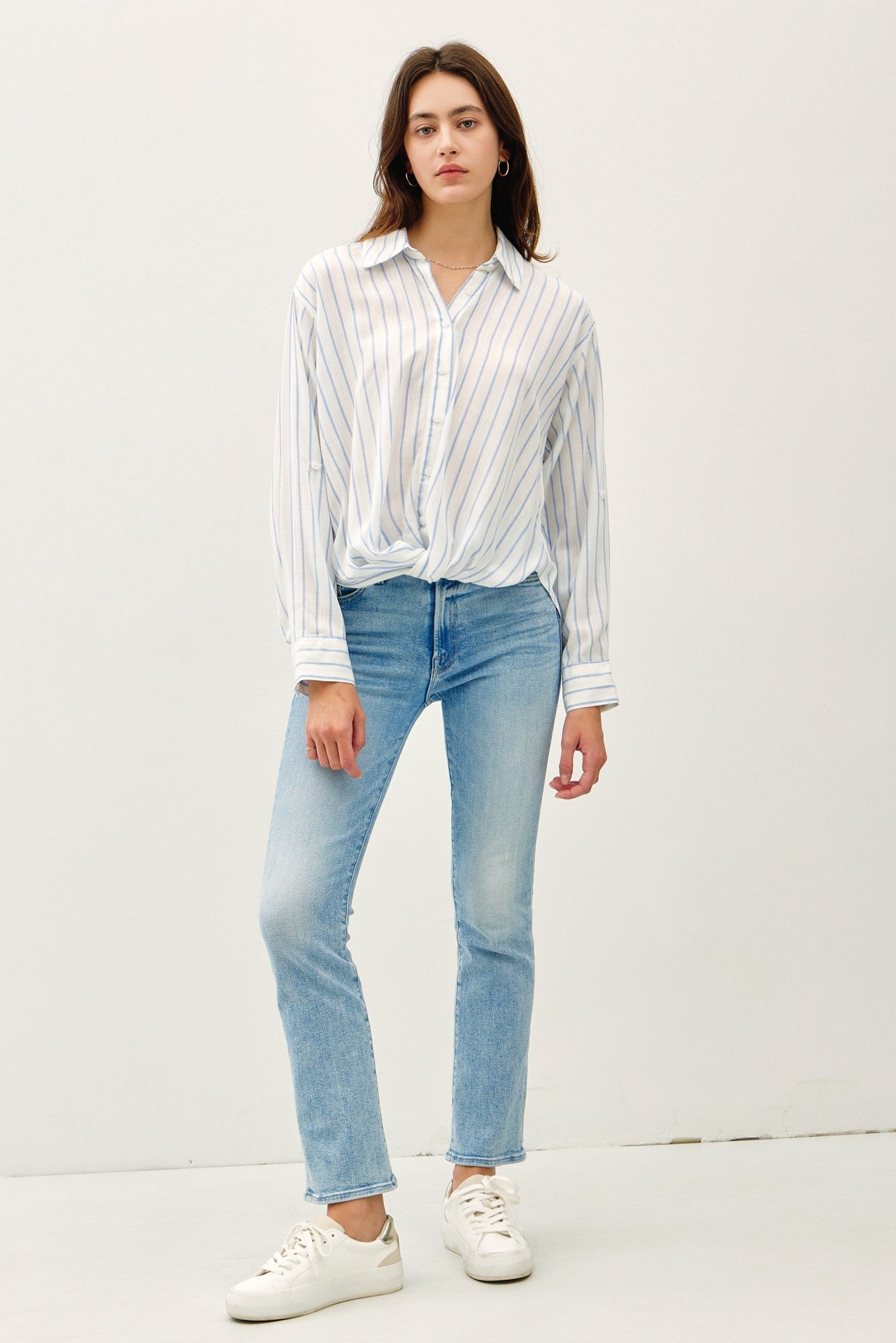 Striped Chambray Tie Front Top