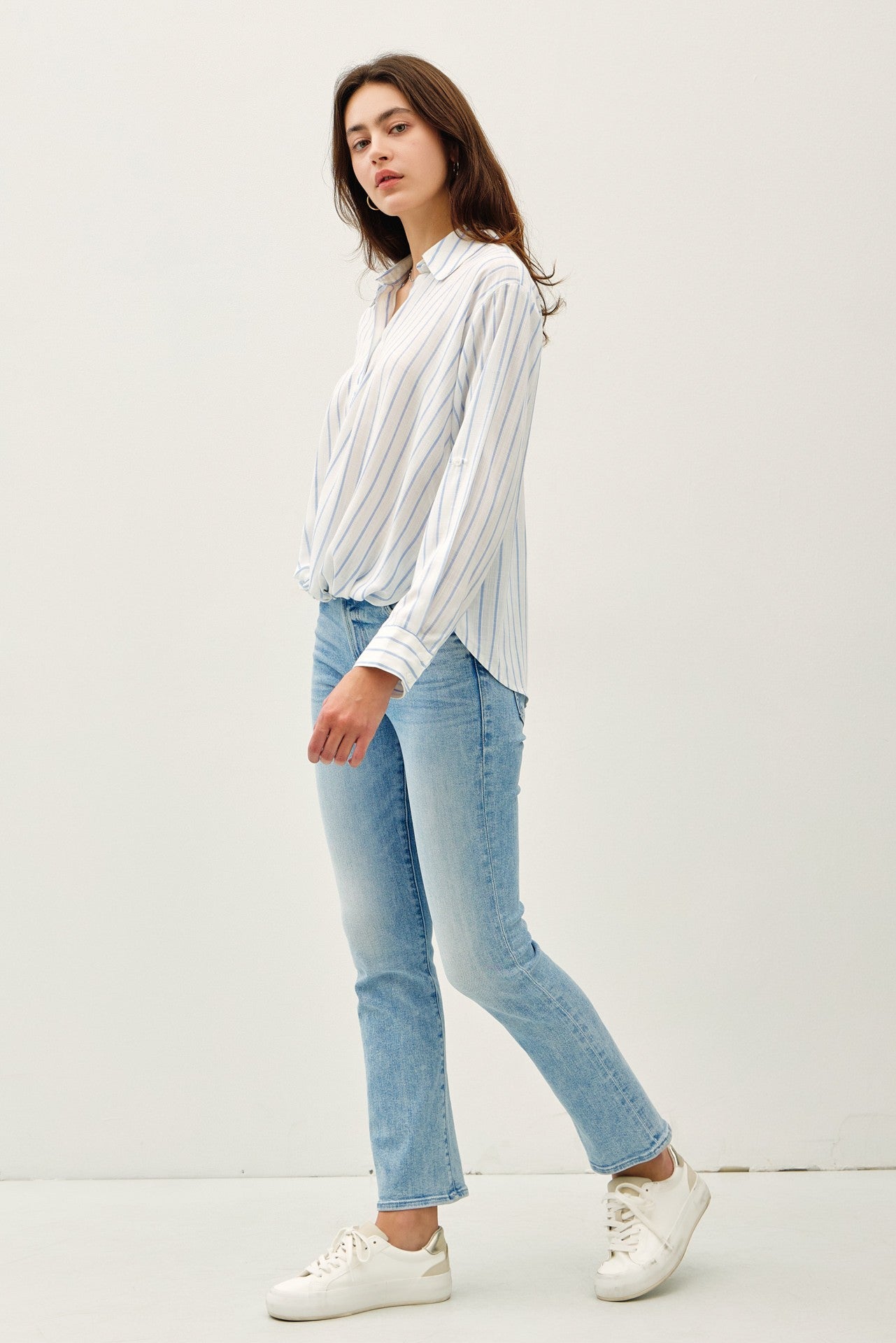 Striped Chambray Tie Front Top