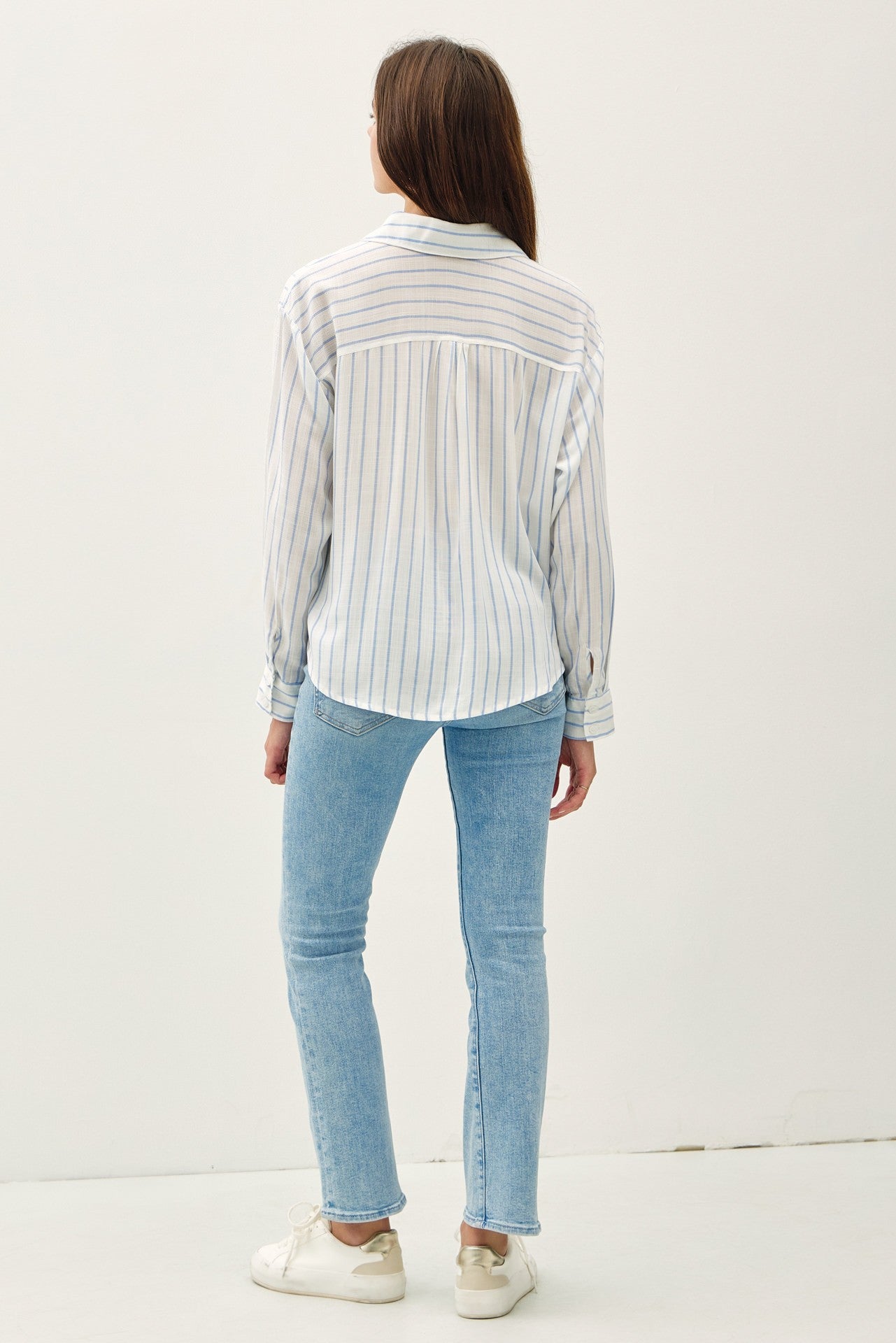 Striped Chambray Tie Front Top