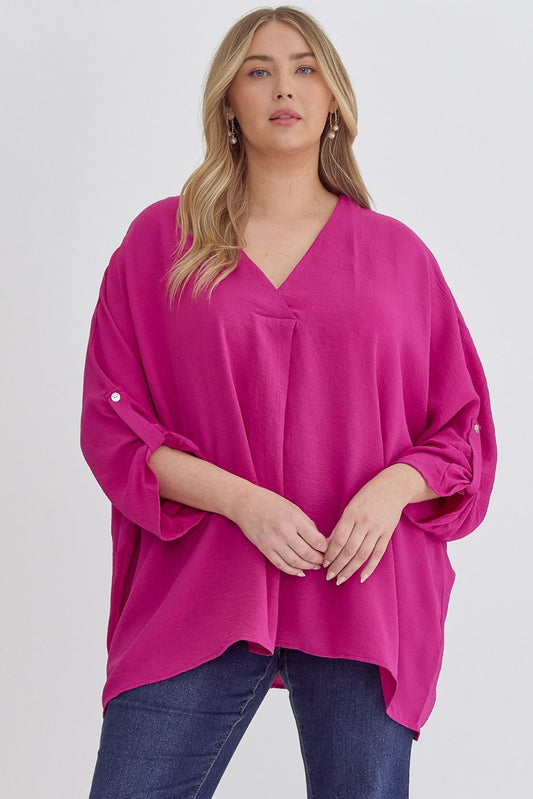 Button Sleeve V-Neck Plus Top