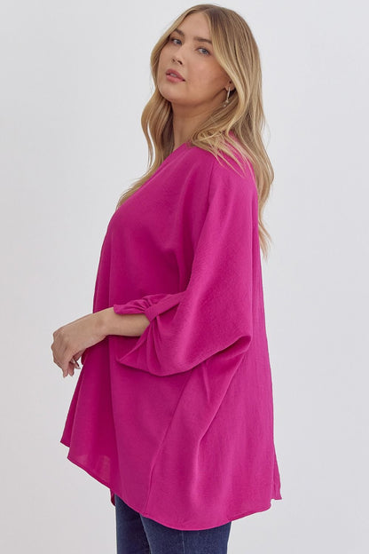 Button Sleeve V-Neck Plus Top