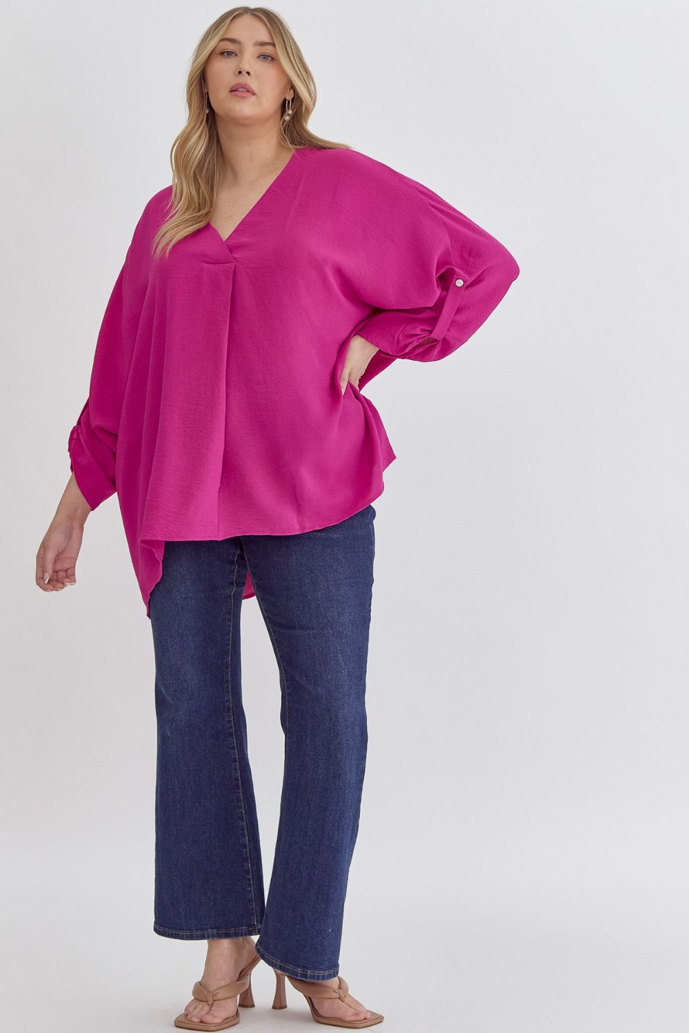 Button Sleeve V-Neck Plus Top