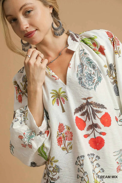 Split Neck Fall Print Top