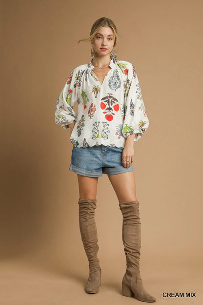 Split Neck Fall Print Top