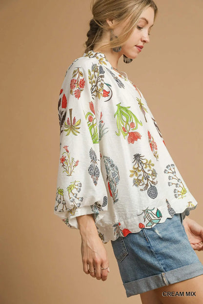 Split Neck Fall Print Top