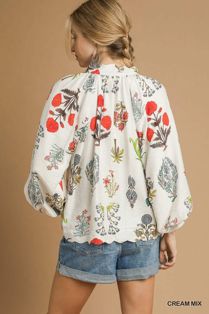 Split Neck Fall Print Top