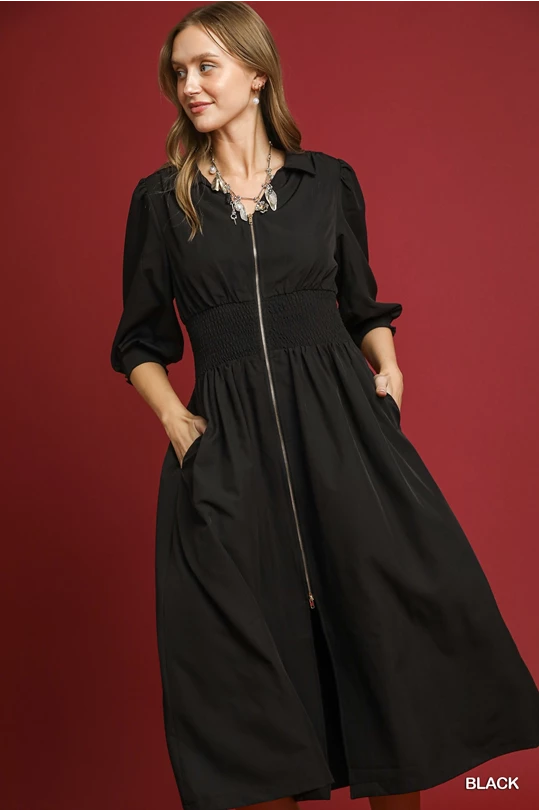 Classy in Black Zip Up Midi Dress