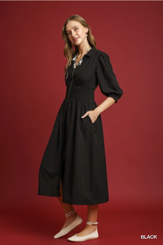 Classy in Black Zip Up Midi Dress
