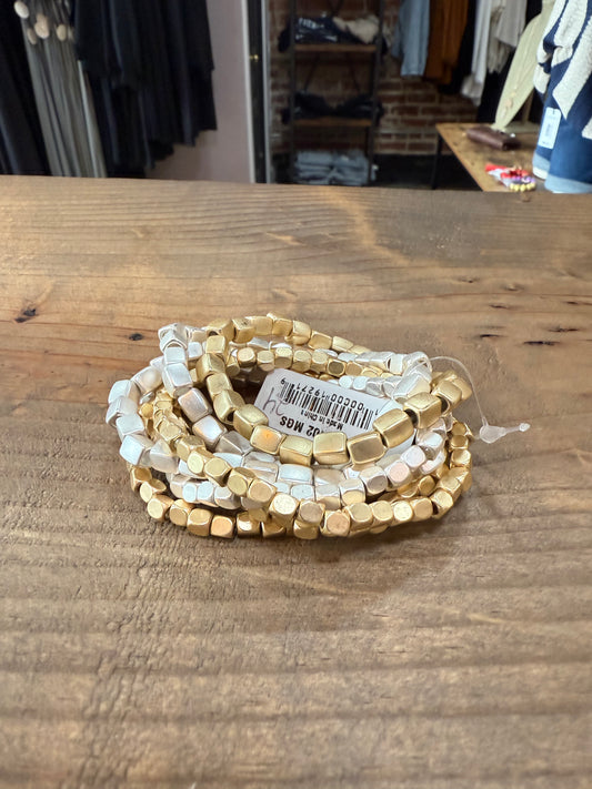 Silver & Gold Square Bead Stretch Bracelets (set of 7)