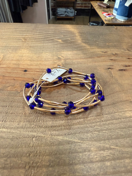 Gold Wire Blue Bead Stretch Bracelets (set of 5)