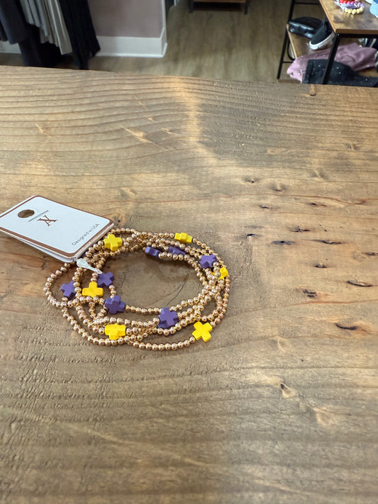 Gold Bead Purple/Yellow Cross Bead Stretch Bracelets (set of 5)