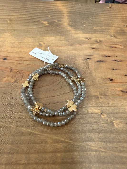 Gray Bead Gold Cross Bead Stretch Bracelets (set of 3)