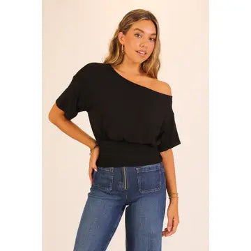 One-Shoulder Ruched Waist Top-Black