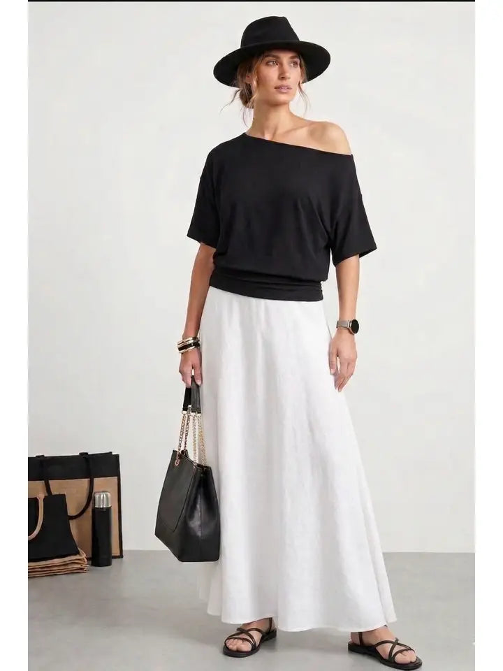 One-Shoulder Ruched Waist Top-Black