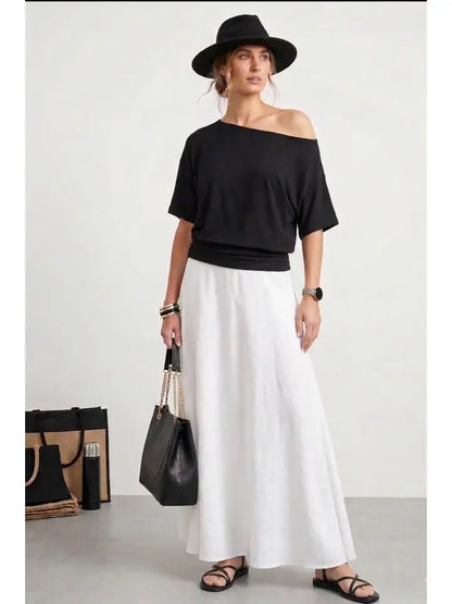 One-Shoulder Ruched Waist Top-Black