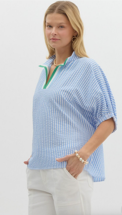 Blue Striped Puff Blouse