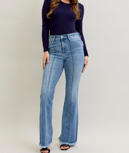 Judy Blue High Waisted Flare Front Pintuck Detail & Fray Hem