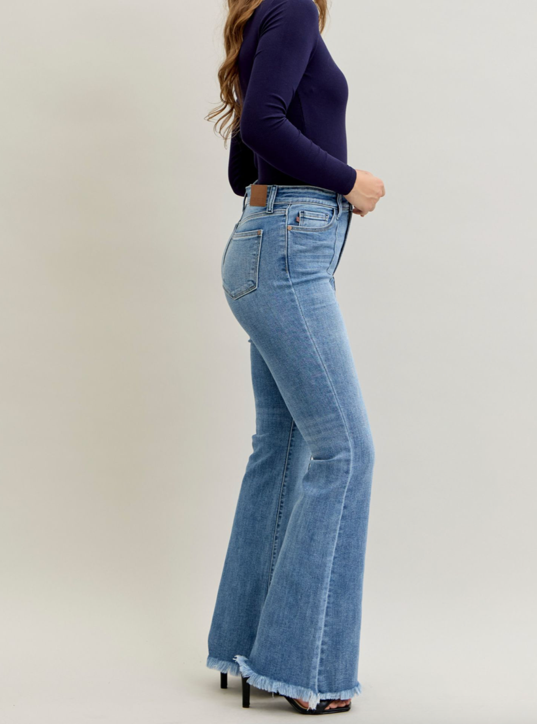 Judy Blue High Waisted Flare Front Pintuck Detail & Fray Hem