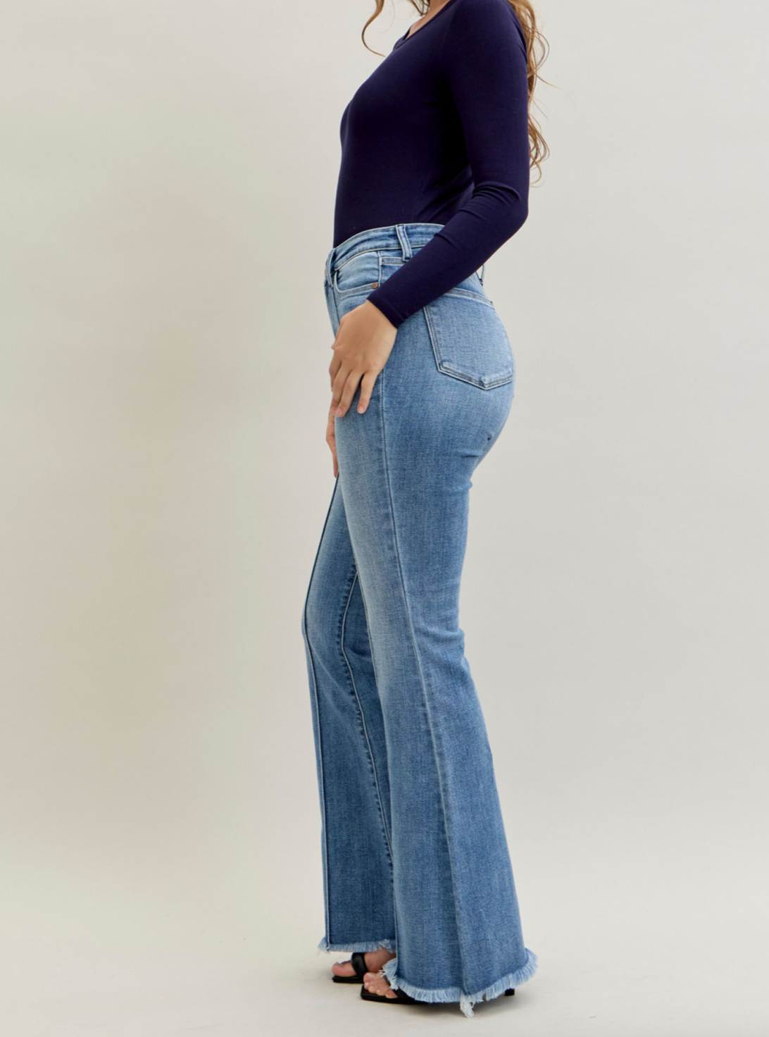 Judy Blue High Waisted Flare Front Pintuck Detail & Fray Hem